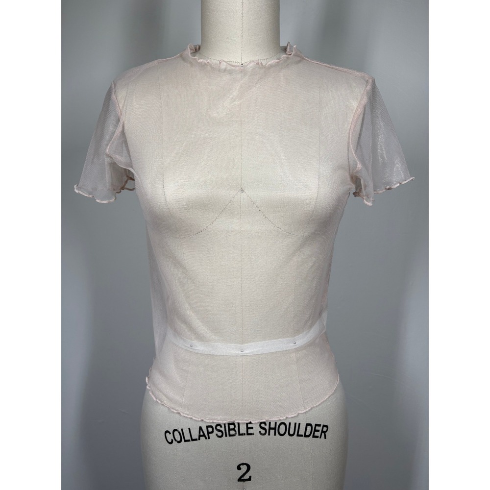 Topshop Mesh Top Baby Tee 2 Pink Sheer Lettuce Trim Coquette Balletcore Y2K